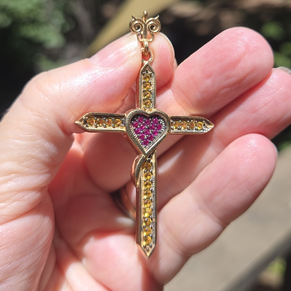 Citrine & Ruby Sterling & Gold Cross W/heart Pendant - Picture 6 of 9